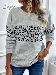Ingvn - Women's Sweatshirt Pullover Basic Gray Leopard Casual Round Neck Long Sleeve Top Micro-elastic Fall & Winter