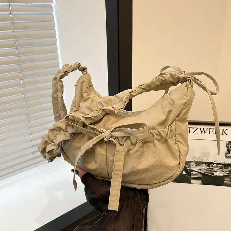 Ingvn  Popular Preppy Style Nylon Bow Hobo Bag Women Cute Pretty Pleated Shoulder Crossbody Bag Drawstring Exquisite Shoulder Bag