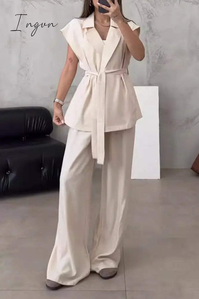Ingvn - Casual British Style Solid Frenulum Turn-back Collar Sleeveless Two Pieces
