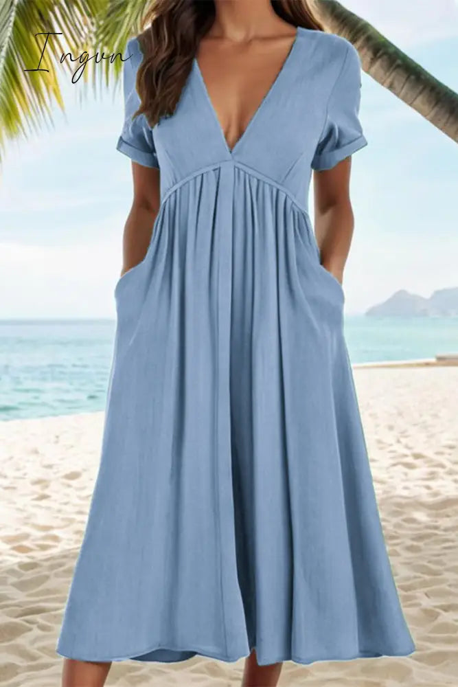 Ingvn - Casual Solid Pocket Fold V Neck A Line Dresses