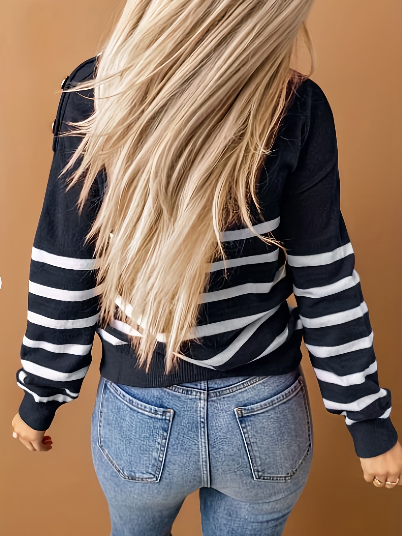 Casual Women's Striped Mock Neck Long Sleeve Pullover Sweater with Fake Button Detail