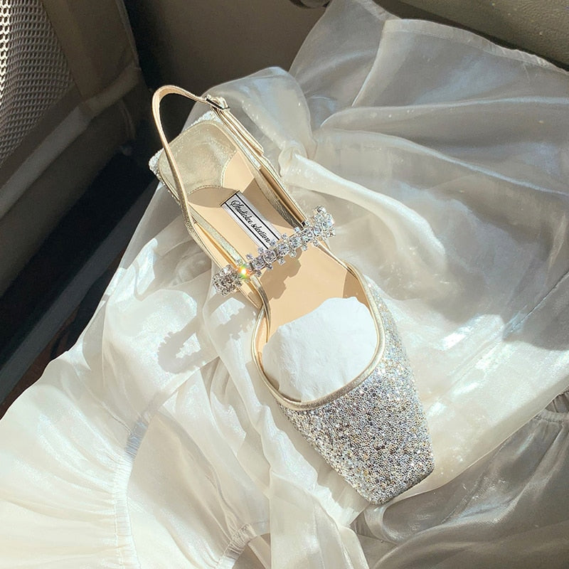 Rimocy Shining Sequins Square Heels Sandals Women Fashion Crystal Strap Party Shoes Woman Sqaure Toe Bling Low Heeled Pumps