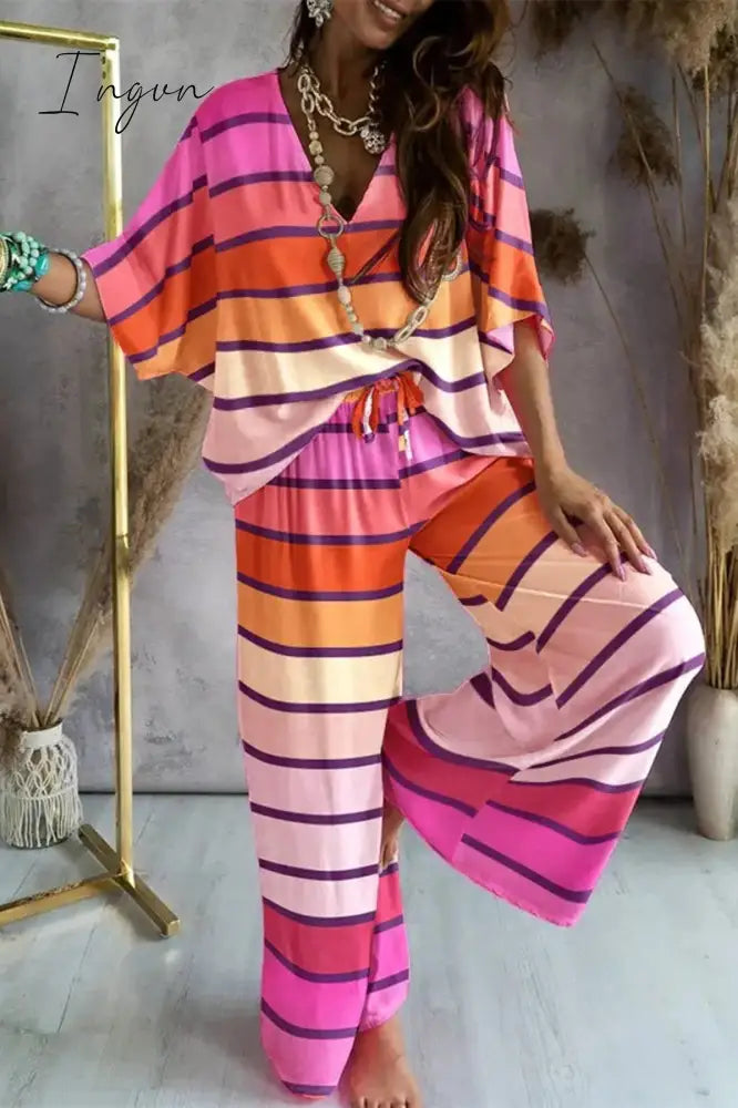 Ingvn - Casual Print Patchwork V Neck Half Sleeve Two Pieces(9 Colors)