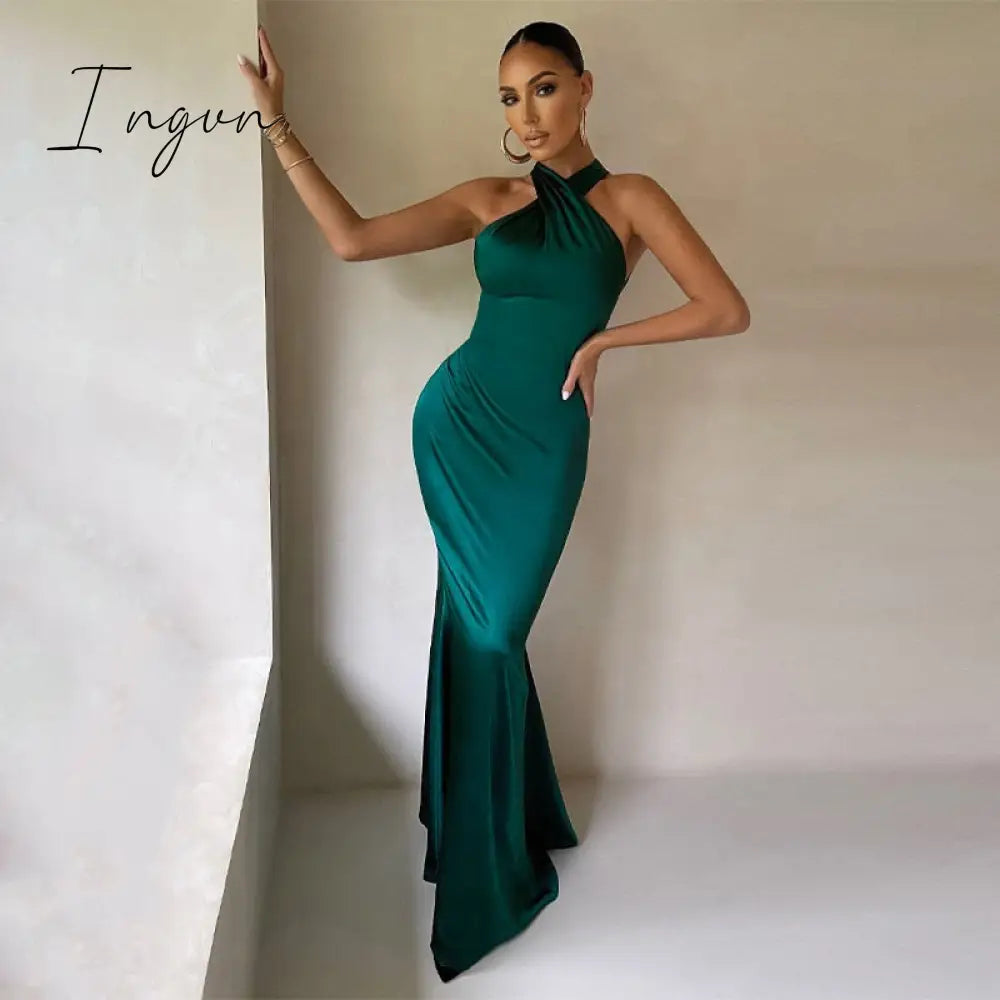 Ingvn - Sexy Satin Sleeveless Backless Elegant Party Maxi Dresses Women Summer Off Shoulder Bodycon Black Long Dress Formal Female