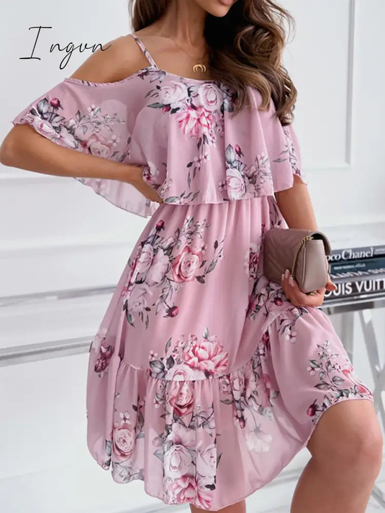 Ingvn - New Fashion Sexy Spaghetti Strap Woman Dress Summer Floral Print Off Shoulder Sundress Elegant Chiffon A-Line Beach Boho Dresses Vestidos