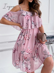 Ingvn - New Fashion Sexy Spaghetti Strap Woman Dress Summer Floral Print Off Shoulder Sundress Elegant Chiffon A-Line Beach Boho Dresses Vestidos