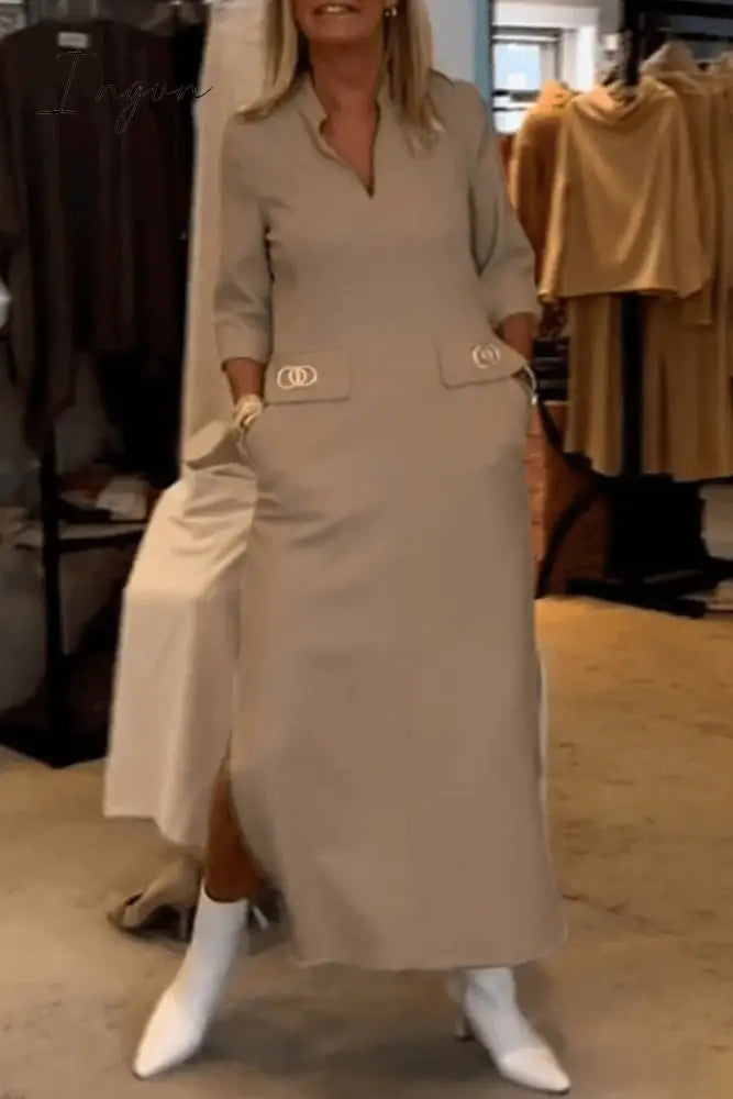 Ingvn - Elegant Simplicity Solid Pocket Turndown Collar One Step Skirt Dresses