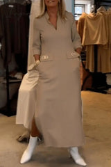 Ingvn - Elegant Simplicity Solid Pocket Turndown Collar One Step Skirt Dresses