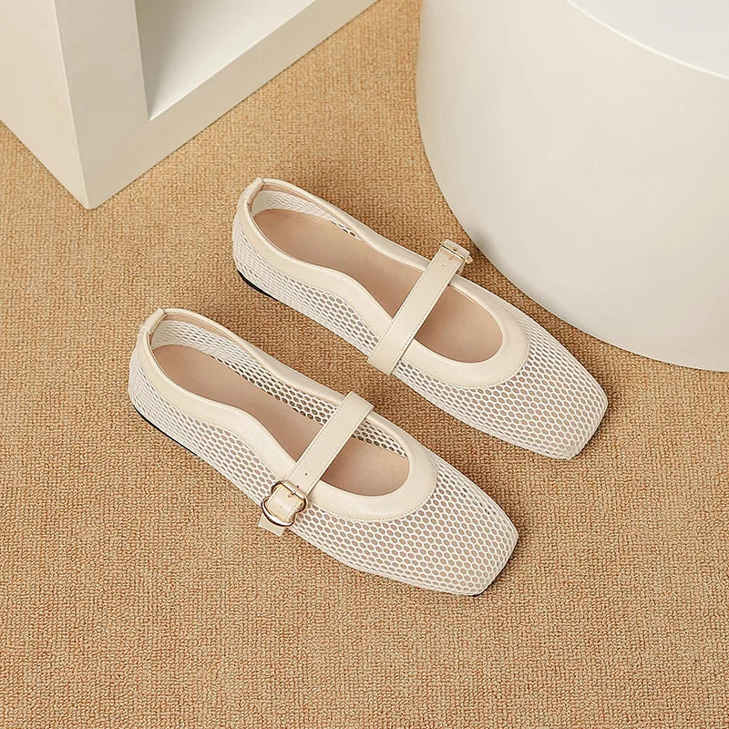 Fashion Square Toe Mesh Ballet Flats Buckle Strap Mary Janes Breathable Hollow Out Single Shoes Female Flat Bottom Casual Shoes