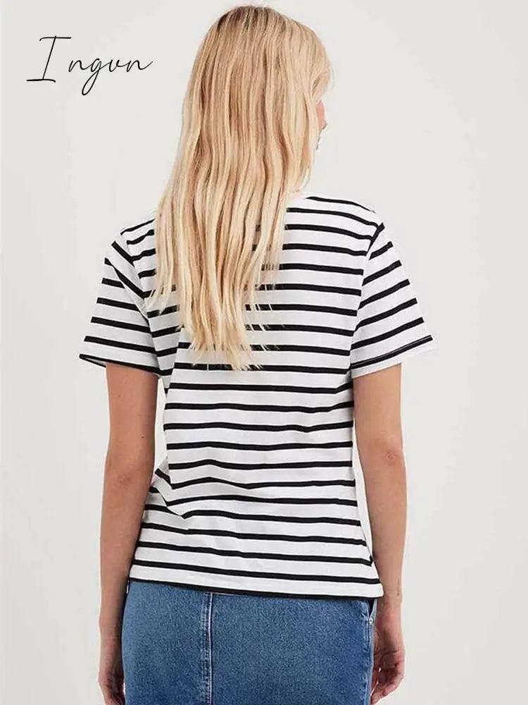 Ingvn - Ladies Loose Cotton Summer Short Sleeve O Neck Striped Basic T-Shirts Women T Shirt Casual Cozy Tee Tops Harajuku Shirt Female