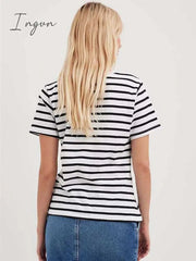 Ingvn - Ladies Loose Cotton Summer Short Sleeve O Neck Striped Basic T-Shirts Women T Shirt Casual Cozy Tee Tops Harajuku Shirt Female