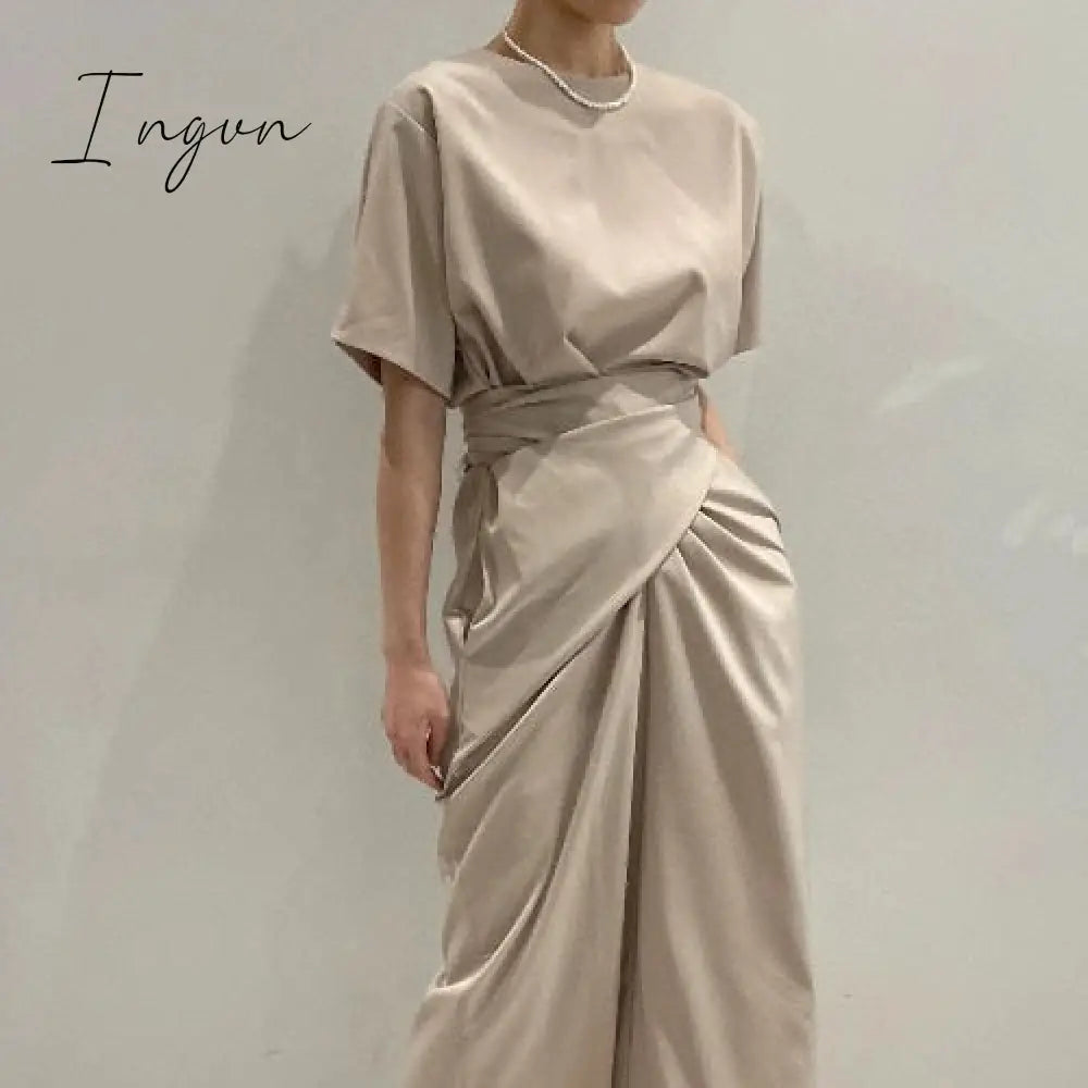 Ingvn - Korean Chic Summer Clothes New Light Luxury Thin Versatile Personalized Medium Length Dress Woman Goddess Dresses