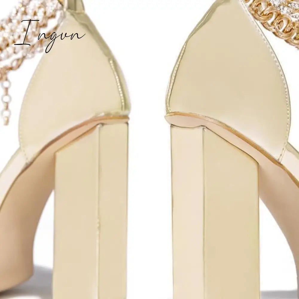 Ingvn - Gold-Tone Chain Embellished Ankle Strap Chunky Heels