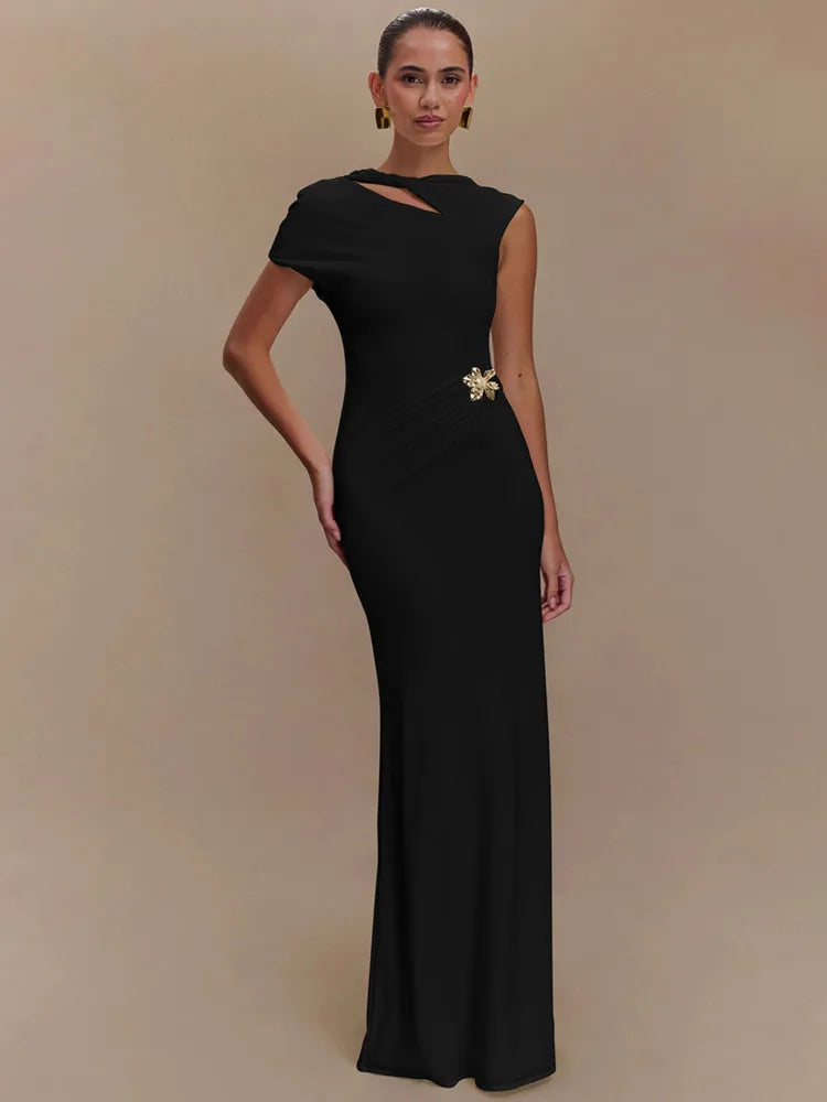 Hollow Out Backless Sexy Maxi Dress For Women Fashion Metal Buckle Solid Short Sleeve High Waist Slim Fit Long Dress