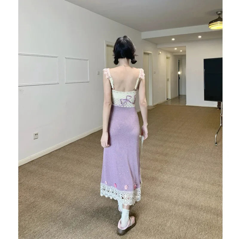 Heavy-Work Knitted Purple Strap Dress Women's French Vintage Design Sensation Beauty Flower Banquet Empire Waist Gown