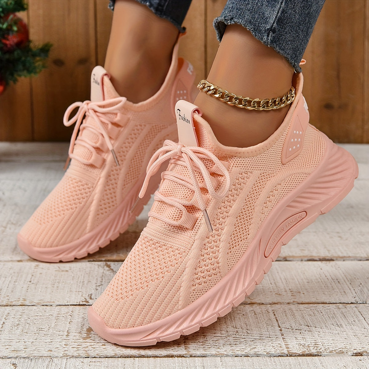 Women's Knitted Sports Shoes, Lightweight Lace Up Low Top Running & Tennis Sneakers, Breathable Gym Trainers for Holiday  Plus Size