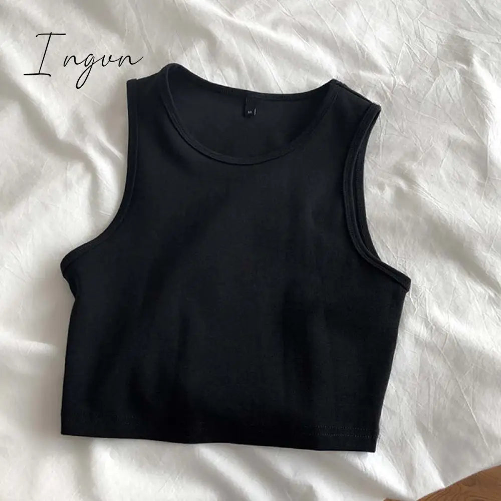 Ingvn - Summer new ladies retro crop top high waist slimming stretch slim short sleeveless bottoming top