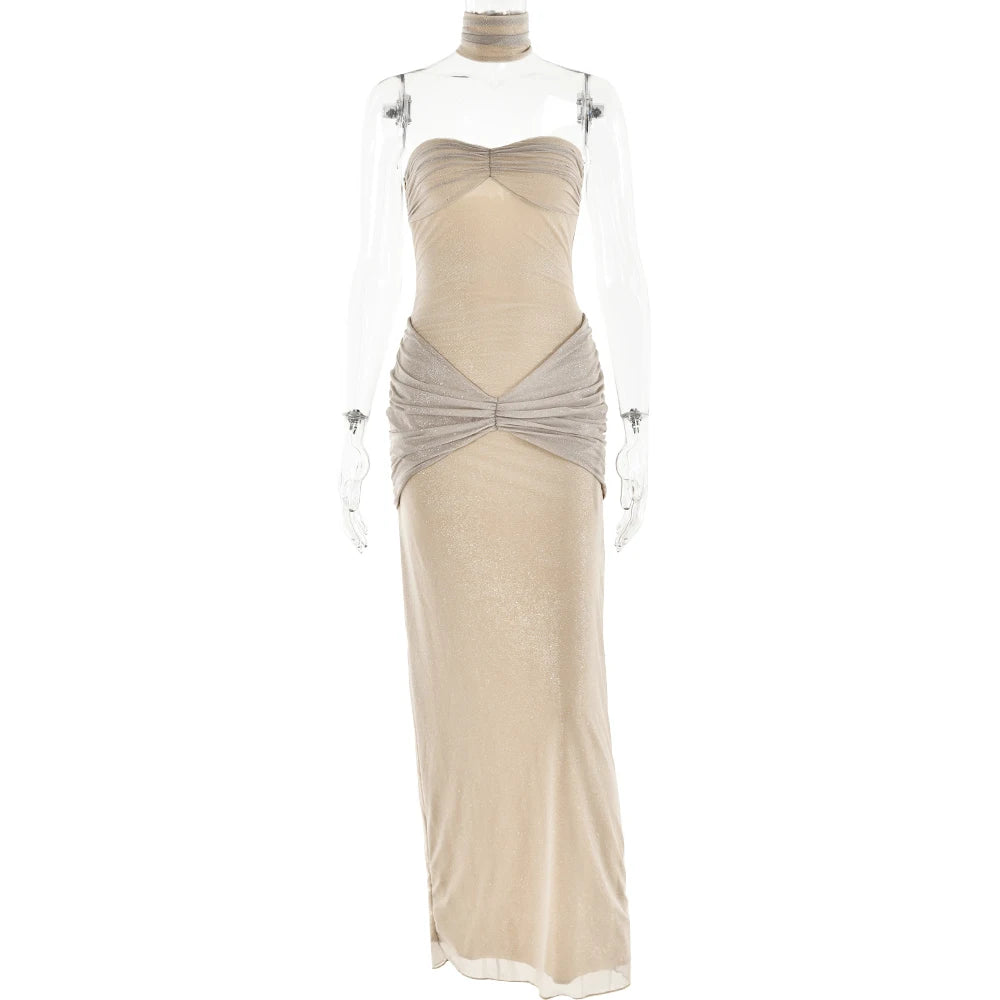 Elegant Brilliant Silk Off Shoulder Ruched Sleeveless Backless Women's Sexy Maxi Dress Elegant Slim Evening Dress New
