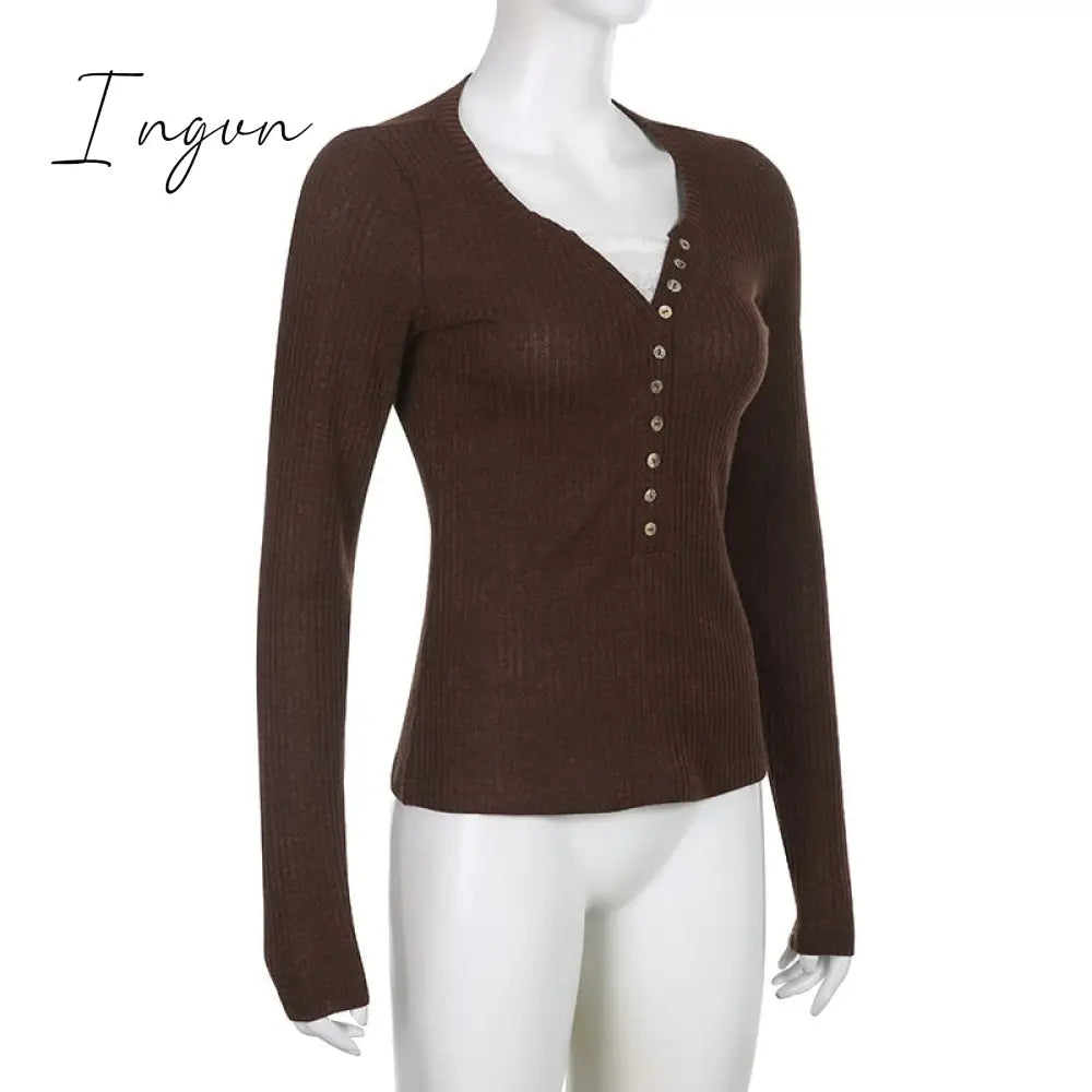 Ingvn - Womens Fashion Button Up Fairy Grunge Aesthetic Casual T-shirts Retro Y2k Ribbed Lace Patchwork Women Tops Long Sleeve Skinny Blouses