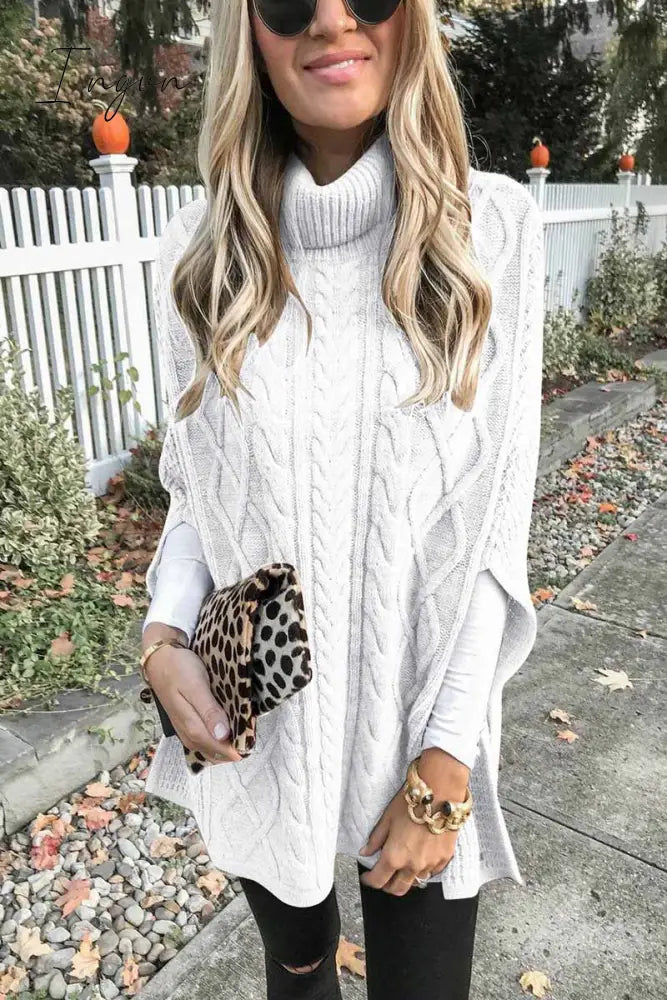 Ingvn -  High Neck Loose Cable Knit Pattern Stitching Sweater(7 Colors)