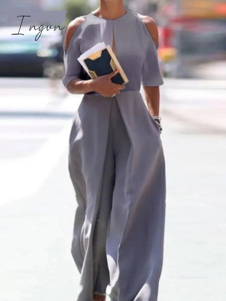 Ingvn - Fashion Hollow Solid Trousers Rompers Summer O Neck Off Shouler Short Sleeve Playsuit Women Elegant Wide Leg Straight Jumpsuits