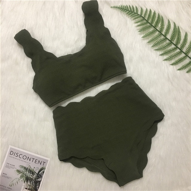 Voguable New Women Swimsuit Scalloped High Waist Bikini Set Solid Two Pieces Plus Size Swimwear Biquini Tankini
