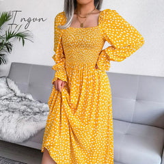 Ingvn - Fashion New Print Square Collar Chiffon Dress Women Elegant Pleated Loose Dress Women Puff Sleeve Party Dresses for Women Robes 18123
