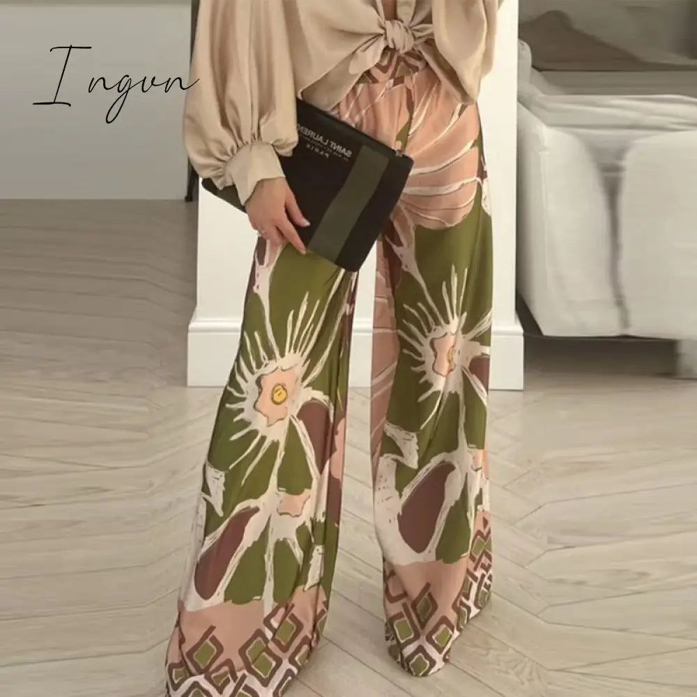Ingvn - Women 2023 Casual Beach Long Pants New Printed Fashion Wide Leg Pants Lady Leisure Home Relaxed Flower Loose High Waist Trousers