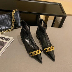 Women Ankle Boots Metal Chain Flat Mid Heeled Summer Sandals Boots Casual Slides Mules Shoes Back Zipper Green Fashion Boots