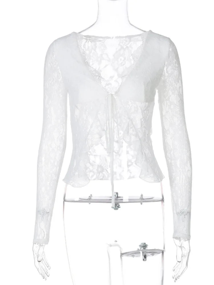 Sexy Lace V-neck See Through Lace-up Long Sleeve Cardigan Crop Top For Women Fashion Hollow Out Slim Club Party Tops