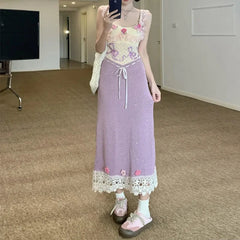 Heavy-Work Knitted Purple Strap Dress Women's French Vintage Design Sensation Beauty Flower Banquet Empire Waist Gown