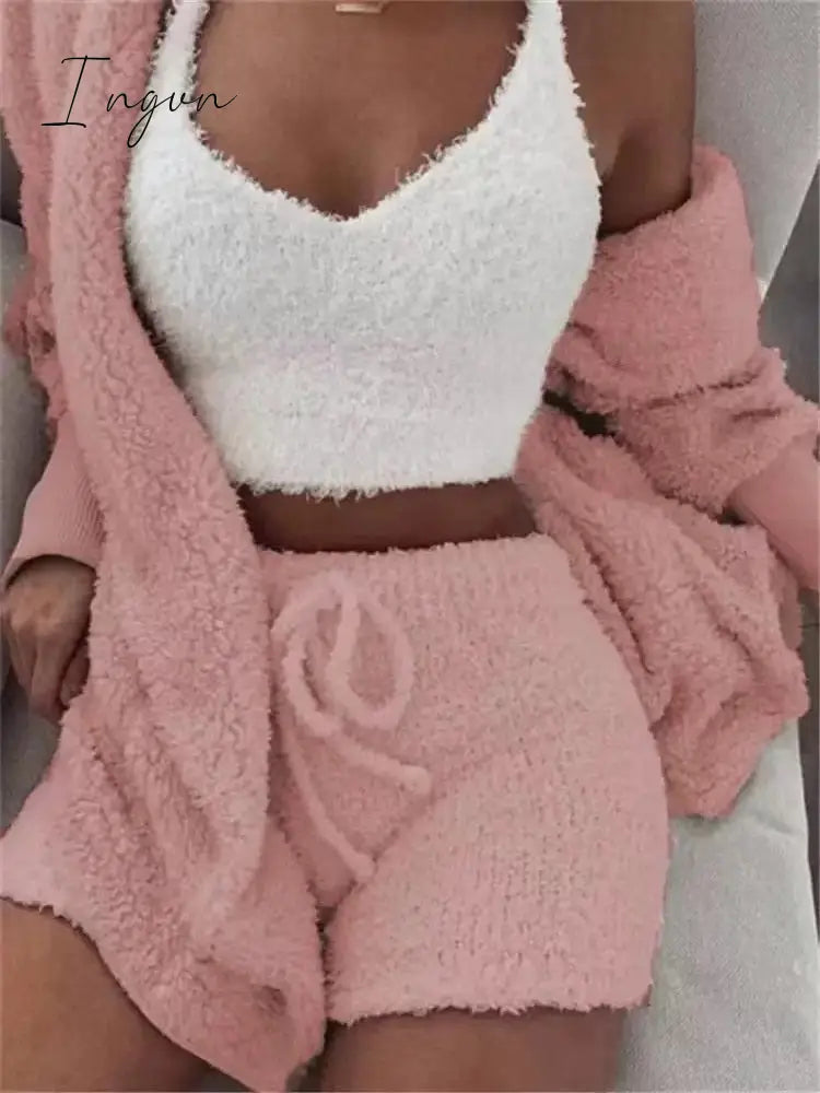 Ingvn - Brand quality Autumn Winter 3 Piece Fluffy Outfits Plush Sexy Backless Fleece Pyjamas Women Casual Sports Sweatshirt Home Wear Sets Tracksuit