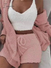 Ingvn - Brand quality Autumn Winter 3 Piece Fluffy Outfits Plush Sexy Backless Fleece Pyjamas Women Casual Sports Sweatshirt Home Wear Sets Tracksuit