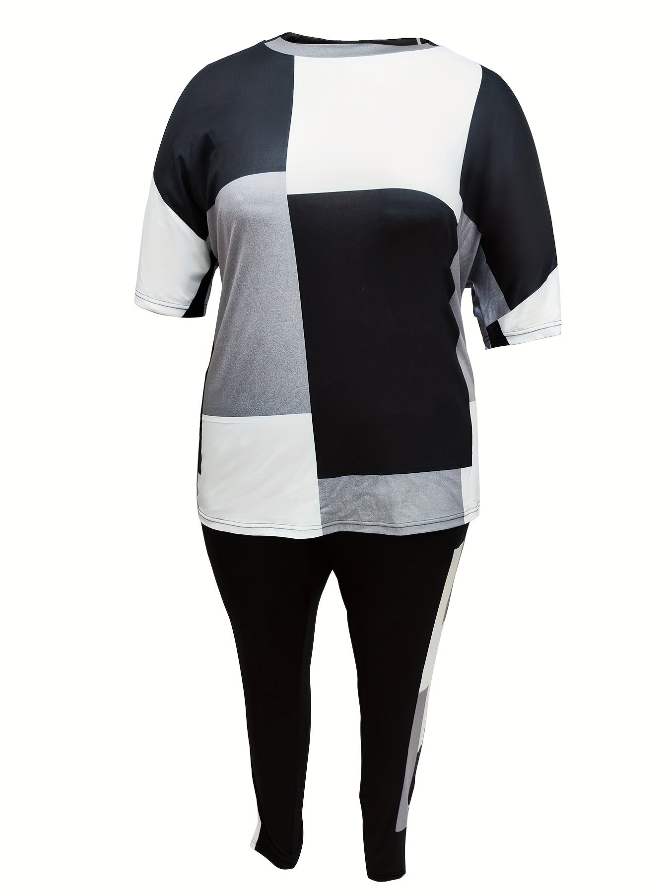Plus Size Casual Outfits Set, Women's Plus Colorblock Geometric Print Long Sleeve Round Neck Top & Pants With Pockets Outfits 2 Piece Set