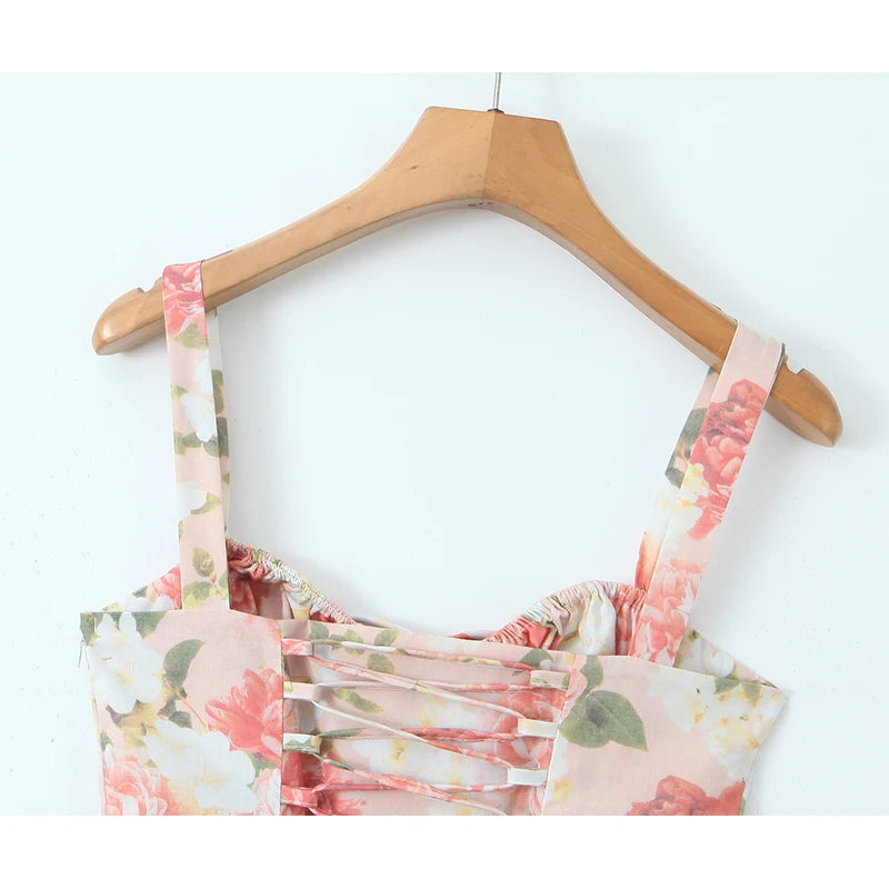 Elegant Women Sexy Front Slit Floral Print Sling Midi Dress Lace Up Bandage Back Female Summer Dresses Holiday Robe