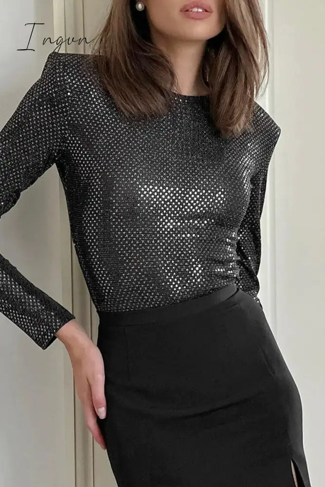 Ingvn - Elegant Solid Sequins Sequined O Neck Tops