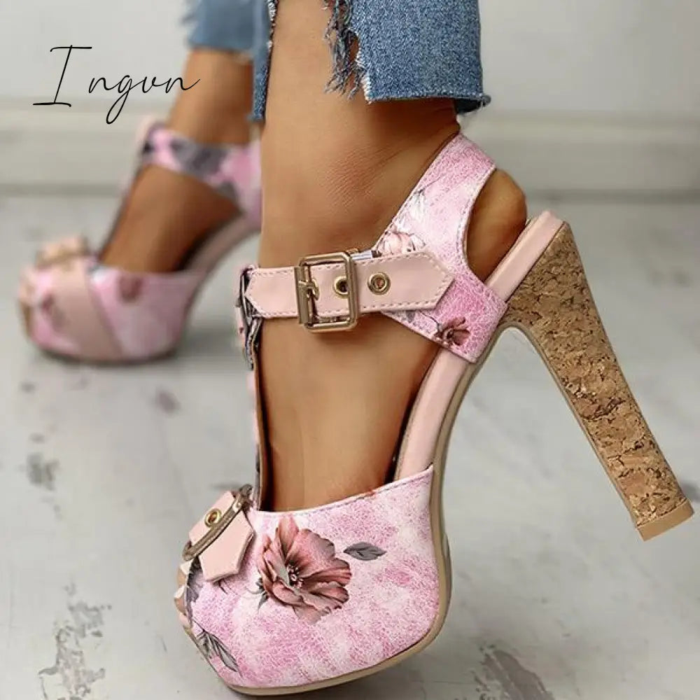 Ingvn - Flower Print Peep Toe Platform Chunky Heels