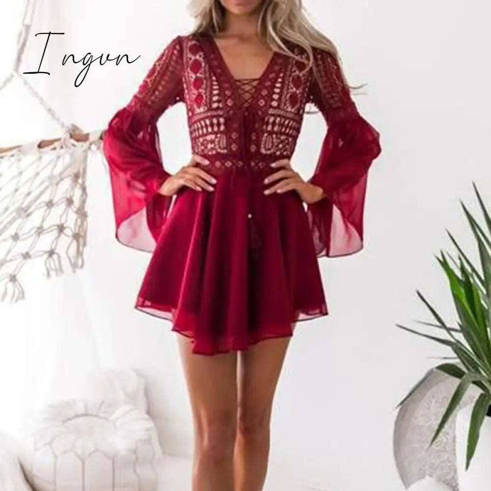 Ingvn - Sexy Crochet Lace V-Neck Mini Dress Summer Flare Sleeve Chiffon Beach Sundress Elegant Women Dress Party Sexi