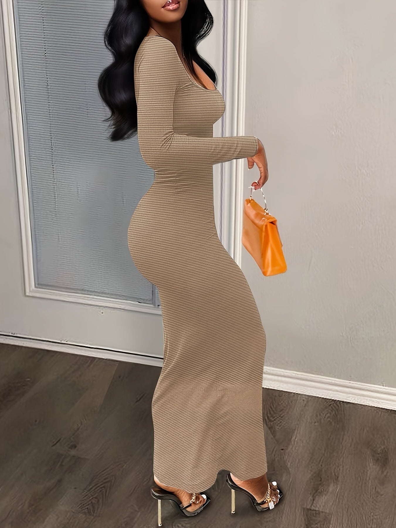 Chic Squared Neck Maxi Dress - Figure-Sculpting Long Sleeve Bodycon - Versatile Solid Color Casual Style - Womens Fashion Must-Have