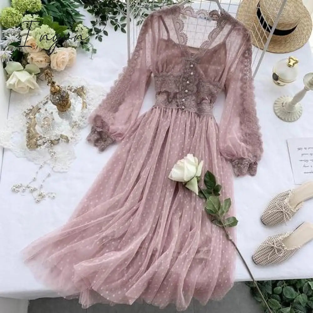 Ingvn - Women Mesh Lace Crochet Dresses V-neck Elegant Prom Puff Sleeves Dress Women Summer Dot Prom Party Sexy Slim Swing Long Dress