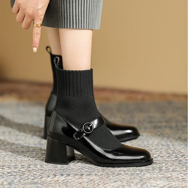 Ingvn  Autumn Winter Women Knit Sock Boots Fashion Slip On Square Heels Shoes Vintage Ladies Stretch Short Booties