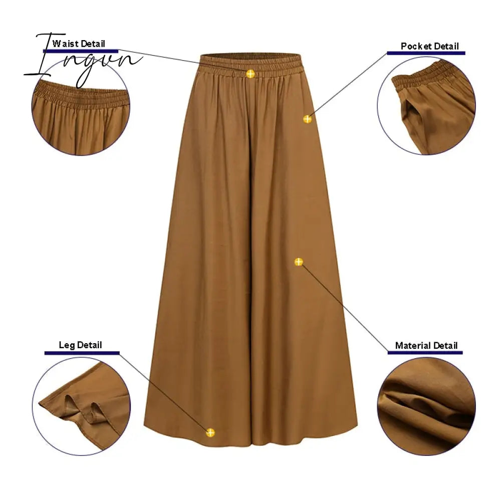 Ingvn - Spring and Summer Plus Size Women's Stretch Belt Wide-Leg Pants Women's Solid Color Wide Full-Length Casual Pants