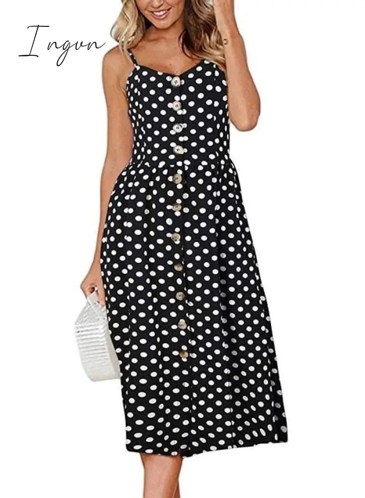 Ingvn - Boho Sexy Floral Dress Summer Vintage Casual Sundress Female Beach Dress Midi Button Backless Polka Dot Striped Women Dress