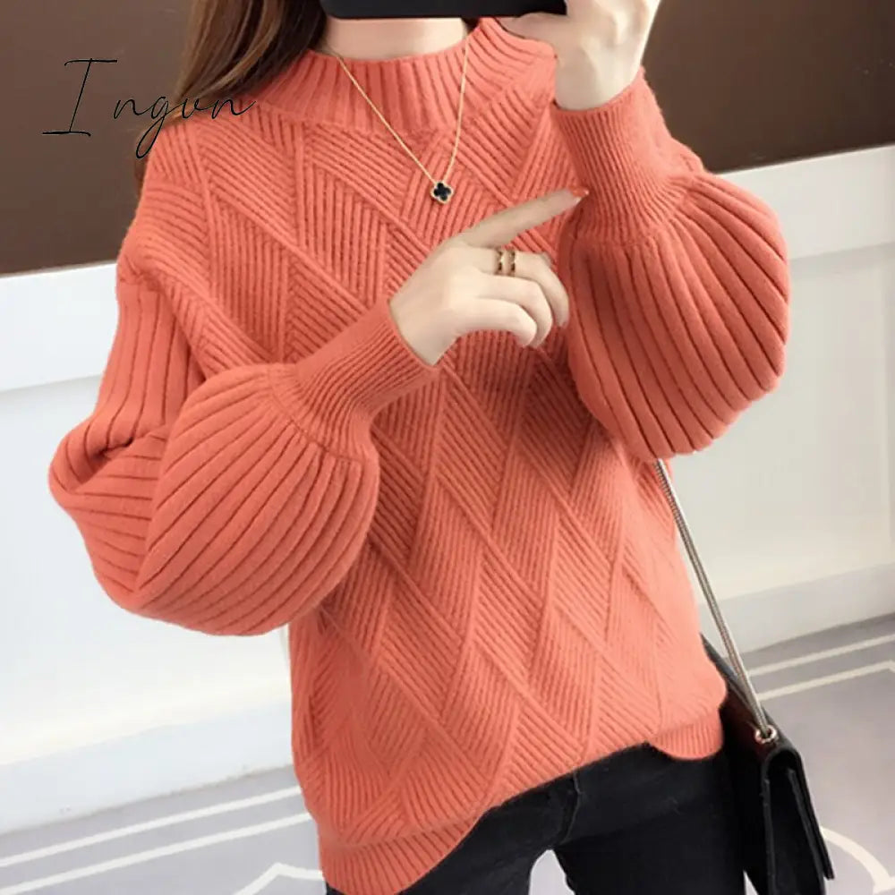 Ingvn - Gifts For Women Half-neck sweater women autumn winter new knitted sweater loose round sweater mujer solid color bat sweater Jumper