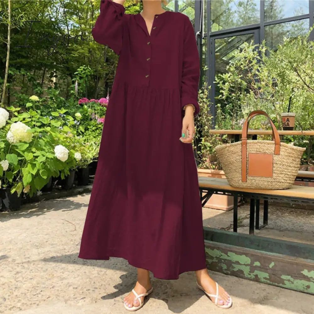 Ingvn - Autumn Women Casual Solid Long Shirt Dress Pockets Long Maxi Vestidos Office Lady Work Cotton Dress Party Robe Femme