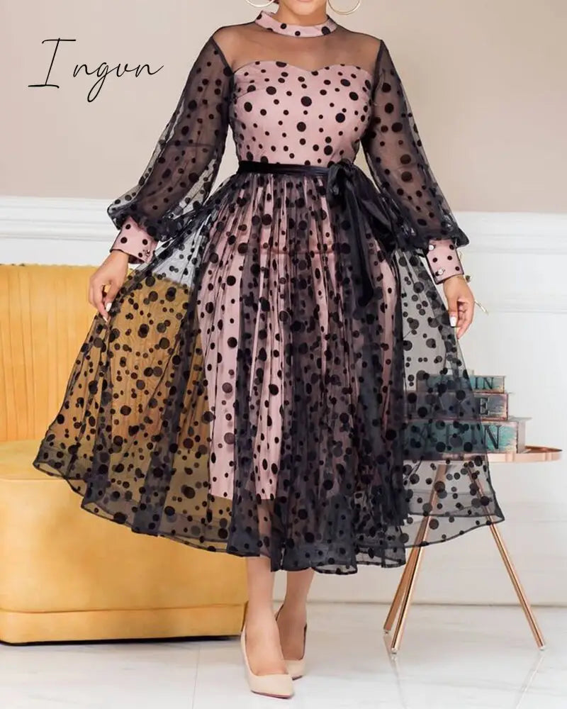 Ingvn - Plus Size 4XL 5XL Party Princess Dress Sexy See Through Pink Black Tulle Mesh Stitching Dresses Spring Summer Birthday Outfits