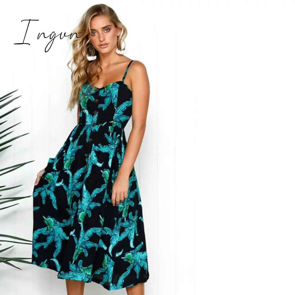 Ingvn - Boho Sexy Floral Dress Summer Vintage Casual Sundress Female Beach Dress Midi Button Backless Polka Dot Striped Women Dress