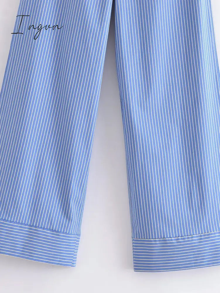 Ingvn - Fashion Striped Women's Pants 2023 Summer Wide Leg Pants Women Casual Loose Trousers Ladies Low Waist Lace Up Pant New In
