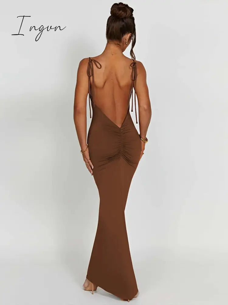Ingvn - Elegant Spaghetti Strap Backless Pleated Maxi Dress Women Gown Summer New Sleeveless Bodycon Party Sexy Long Dress