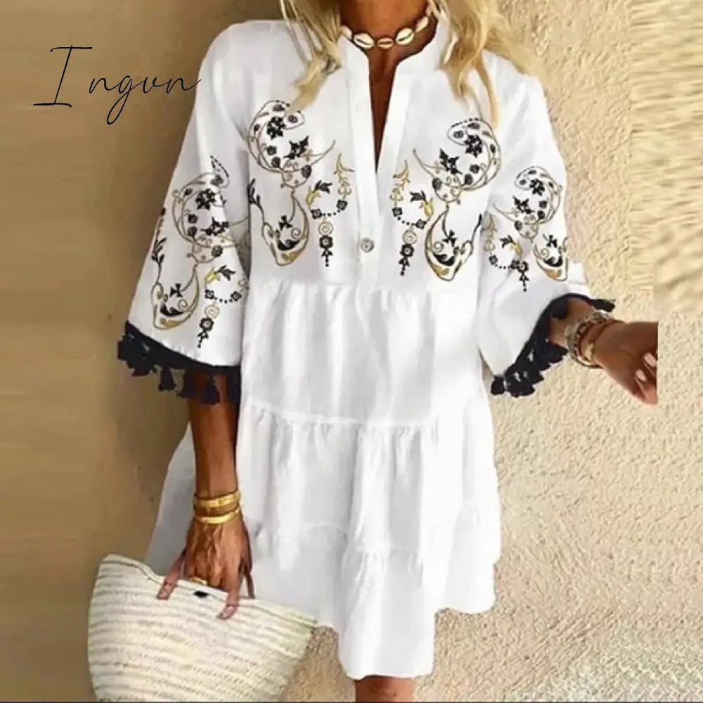 Ingvn - Plus Size 5XL Floral Print Boho Dress Women Tassle Sleeved White Mini A-Lline Dress Autumn New Sweet Bohemian Loose Dresses